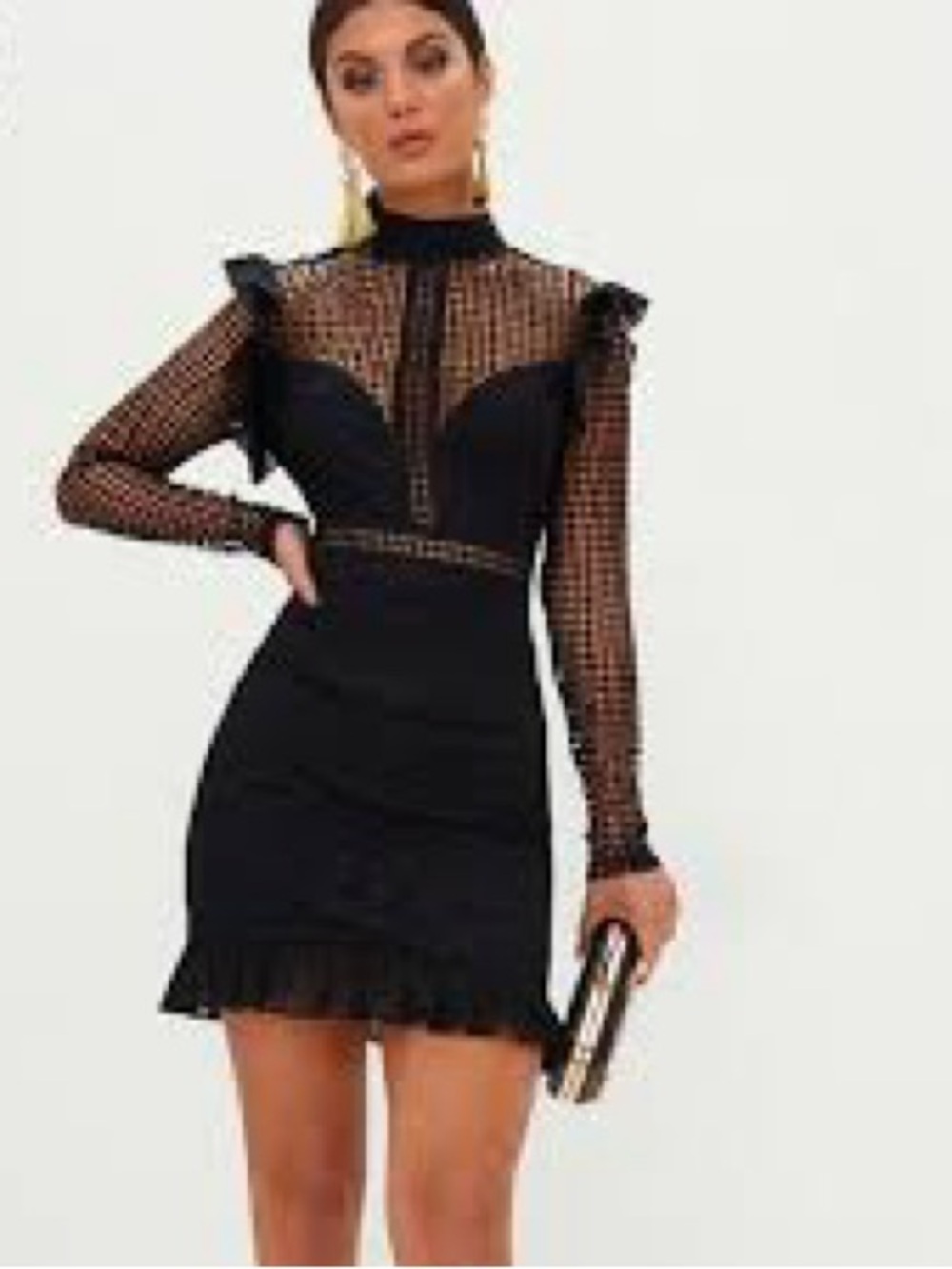 NWT - PrettyLittleThing Black Lace Long Sleeve Mini Dress, Size 6